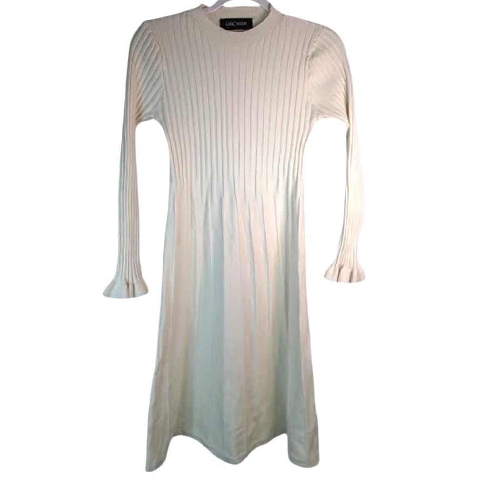Chicwish Ribbed Knit Fit & Flare Sweater Dress Long Sleeve Bell Cuff Ivory S